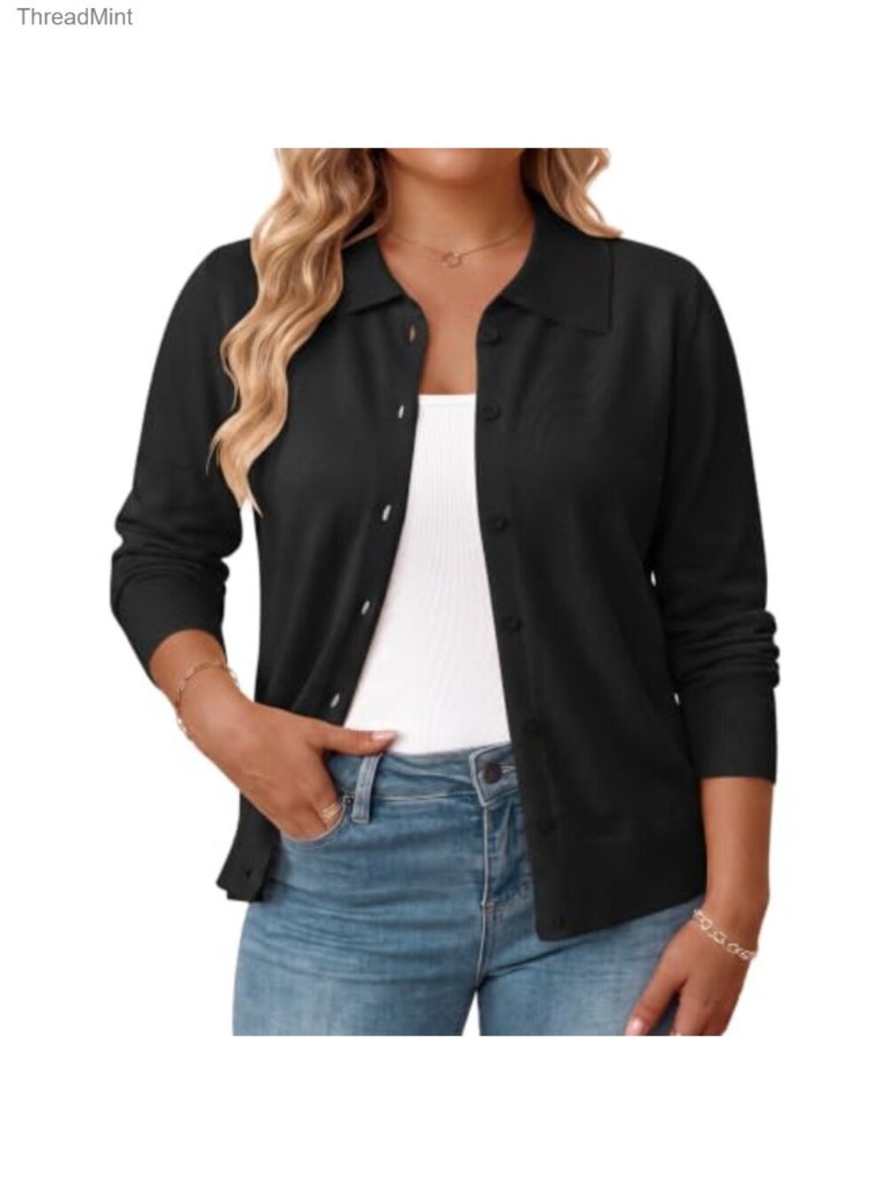 Plus Size Lightweight Open Front Cardigan Button Down Lapel Collar Sweater